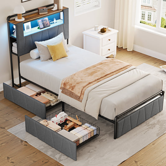 Pikvki Bed Frame with 2 Storage Drawers, Metal Platform Bed Frame with 2-Tier Storage Headboard, Charging Station & LED