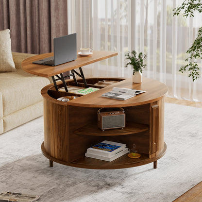 Pikvki Round Coffee Table Lift Top with Storage and Sliding Door, 31.5" Mid Century Fluted Small Center Table for Living Room