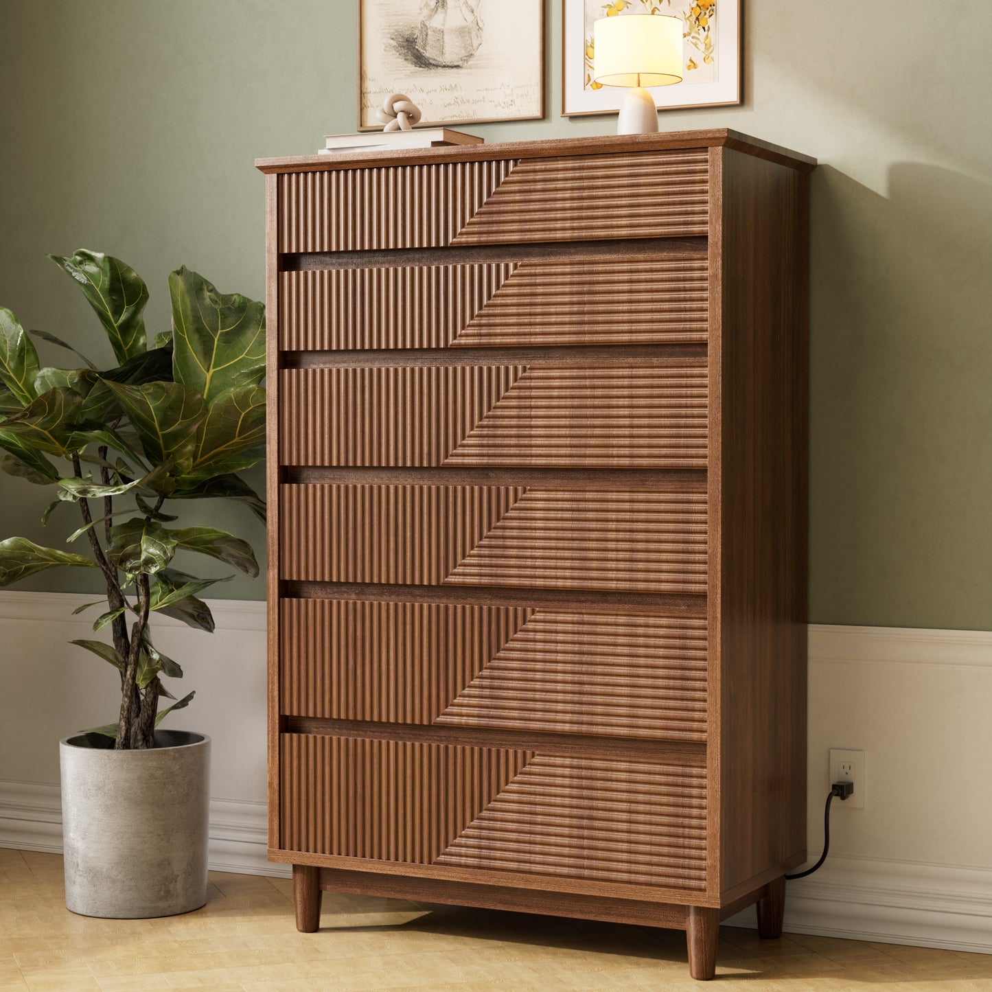 Pikvki Fluted 6 Drawer Dresser with Charging Station for Bedroom, 49" Modern Tall Chest of Drawers for Closet