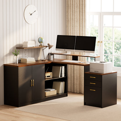 Pikvki L Shaped Computer Desk with Drawers, Office Desk with Power Outlets, Storage Cabinet and Long Monitor Stand for Home Office