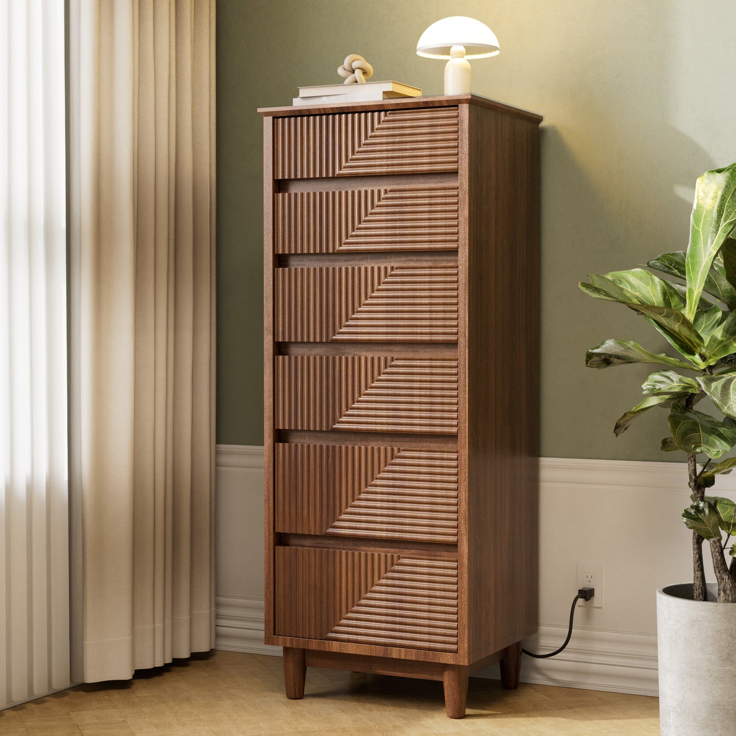 Pikvki Fluted 6 Drawer Dresser with Charging Station for Bedroom, 49" Modern Tall Narrow Chest of Drawers for Closet
