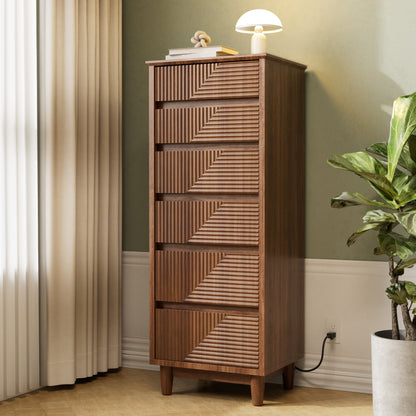 Pikvki Fluted 6 Drawer Dresser with Charging Station for Bedroom, 49" Modern Tall Narrow Chest of Drawers for Closet