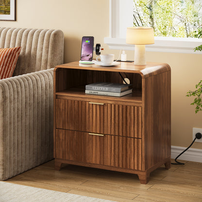 Pikvki Fluted Nightstand with Charging Station, Modern End Table with with Open Shelf and 2 Storage Drawers for Bedroom