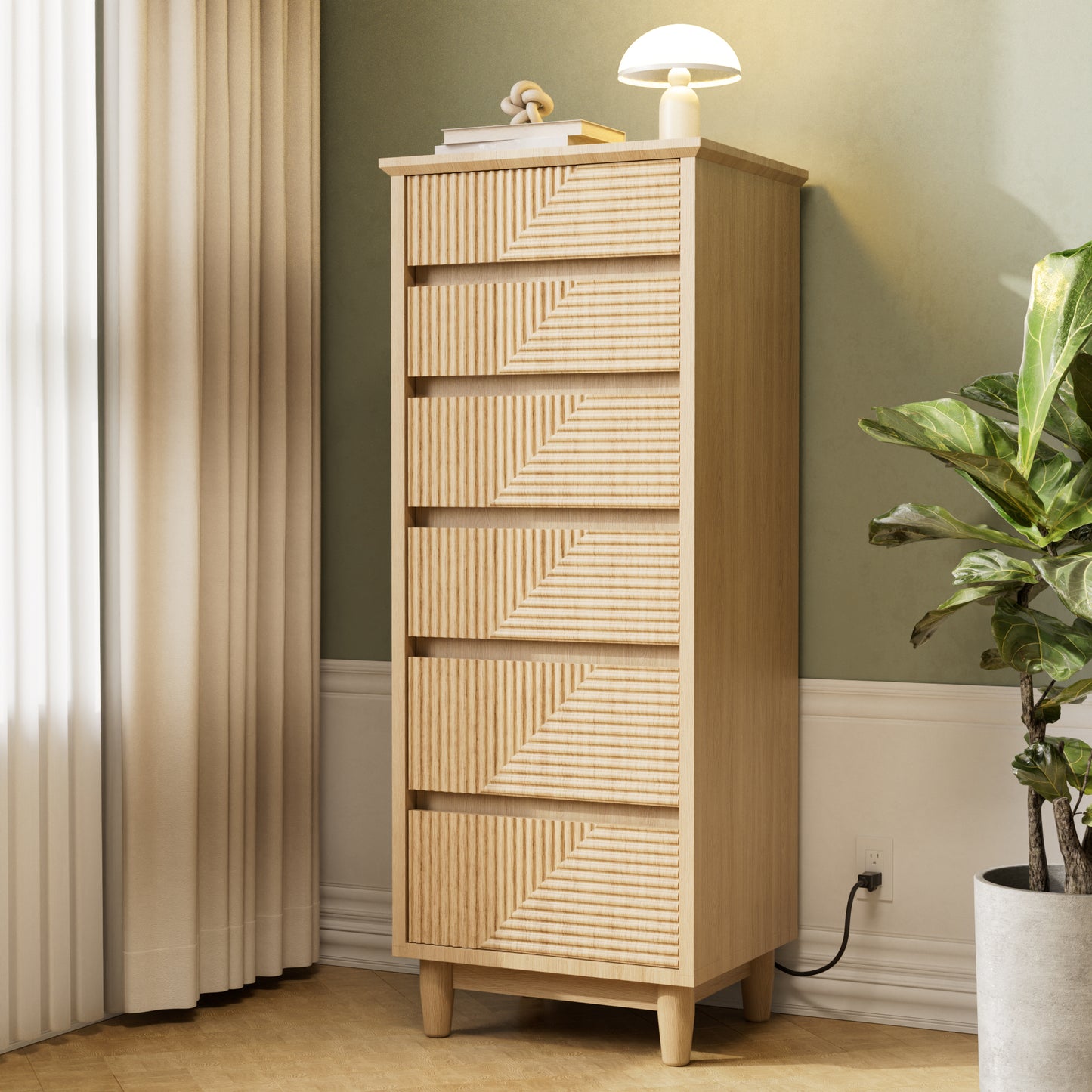 Pikvki Fluted 6 Drawer Dresser with Charging Station for Bedroom, 49" Modern Tall Narrow Chest of Drawers for Closet