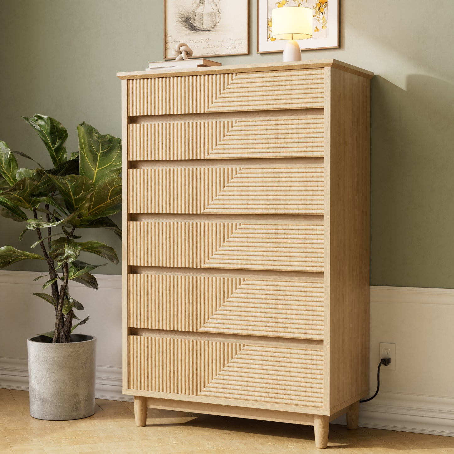 Pikvki Fluted 6 Drawer Dresser with Charging Station for Bedroom, 49" Modern Tall Chest of Drawers for Closet