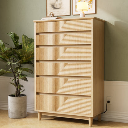 Pikvki Fluted 6 Drawer Dresser with Charging Station for Bedroom, 49" Modern Tall Chest of Drawers for Closet