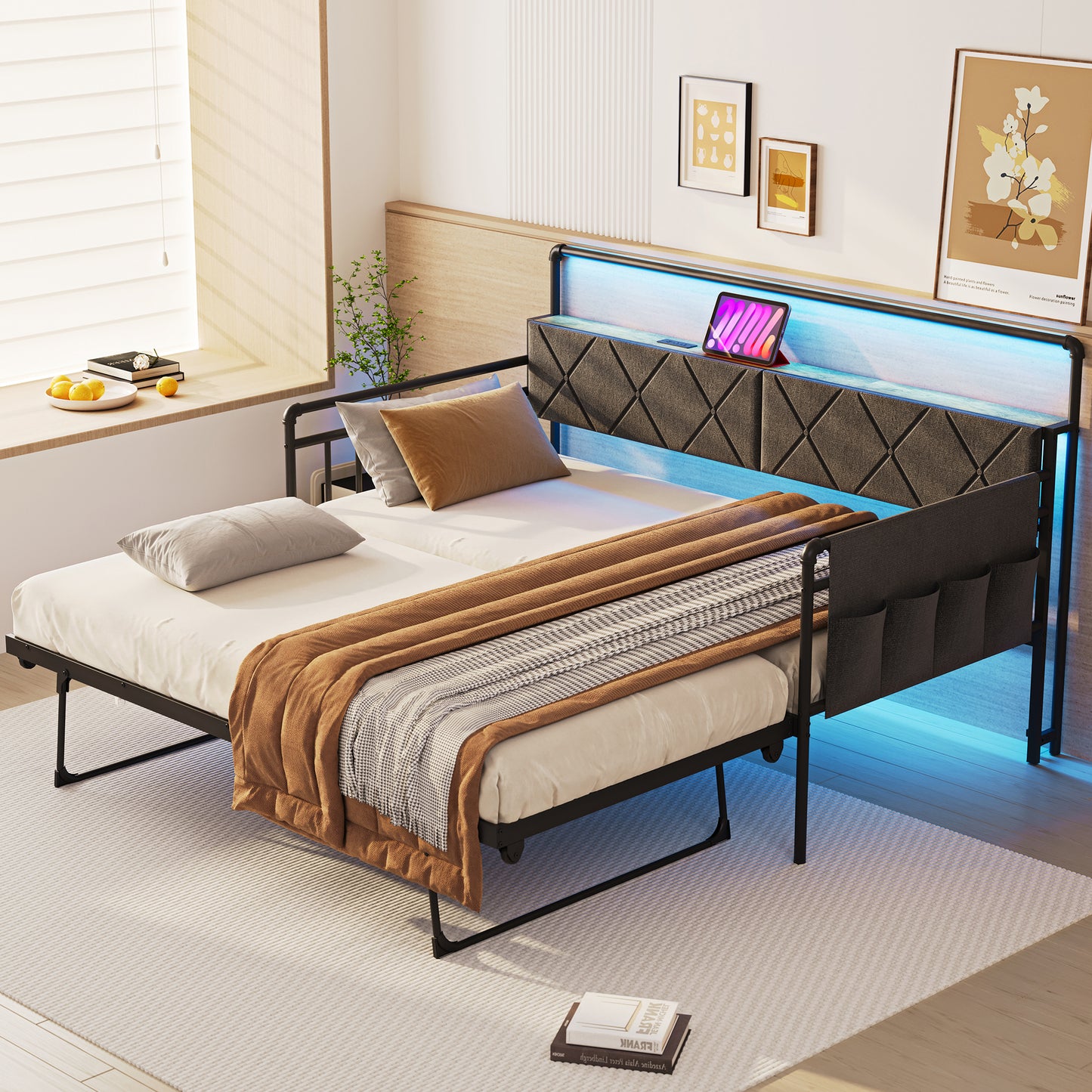 Pikvki Daybed with Charging Station & Side Pocket, Pop-upTrundle with Upholstered Storage Headboard, LED Light Sofa Bed for Living Room/Bedroom, Black
