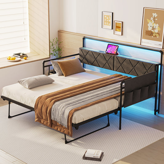 Pikvki Daybed with Charging Station & Side Pocket, Pop-upTrundle with Upholstered Storage Headboard, LED Light Sofa Bed for Living Room/Bedroom, Black