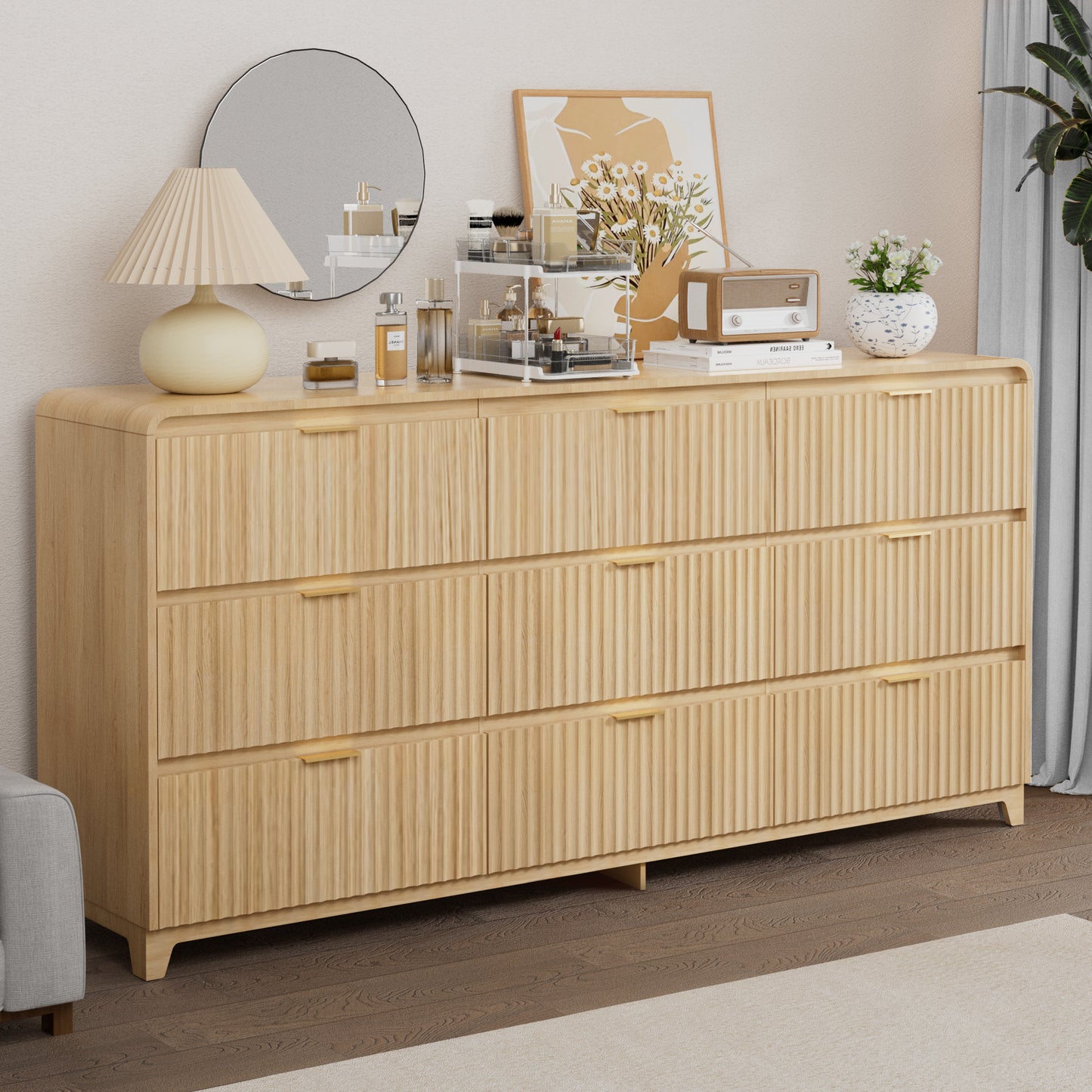 Pikvki Fluted 9 Drawers Dresser for Bedroom, 55.1" Wide Modern Chest of Drawers with Metal Handle, TV Stand for Living Room