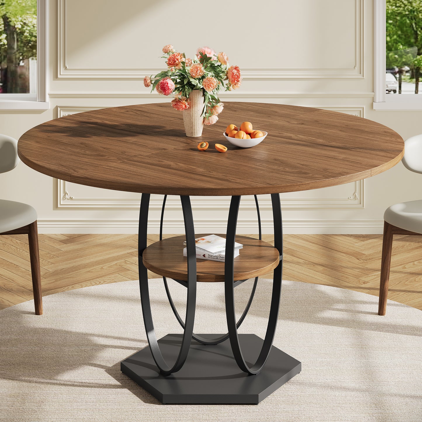 Pikvki Round Dining Table with Seorage Shelf, 3 Tier Circle Kitchen Table for Dining Room