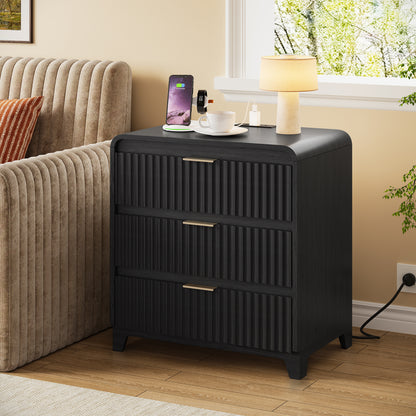 Pikvki Fluted Nightstand with Storage, 3 Drawers Wood Bed Side Table with Charging Station, Modern End Side Table for Bedroom Furniture Living Room Sofa