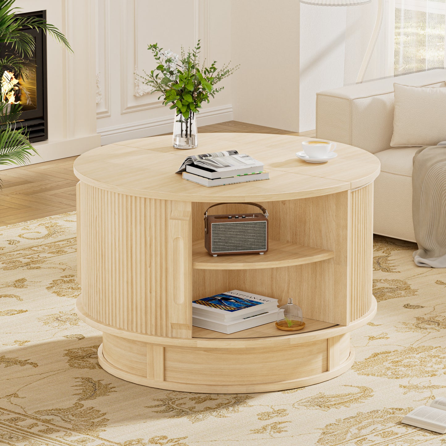 Pikvki Rotatable Round Coffee Table with Storage & Fluted Sliding Doors, 31.5" Modern Wooden Center Table for Living Room