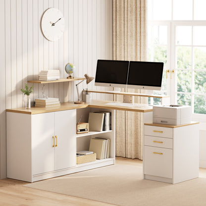 Pikvki L Shaped Computer Desk with Drawers, Office Desk with Power Outlets, Storage Cabinet and Long Monitor Stand for Home Office