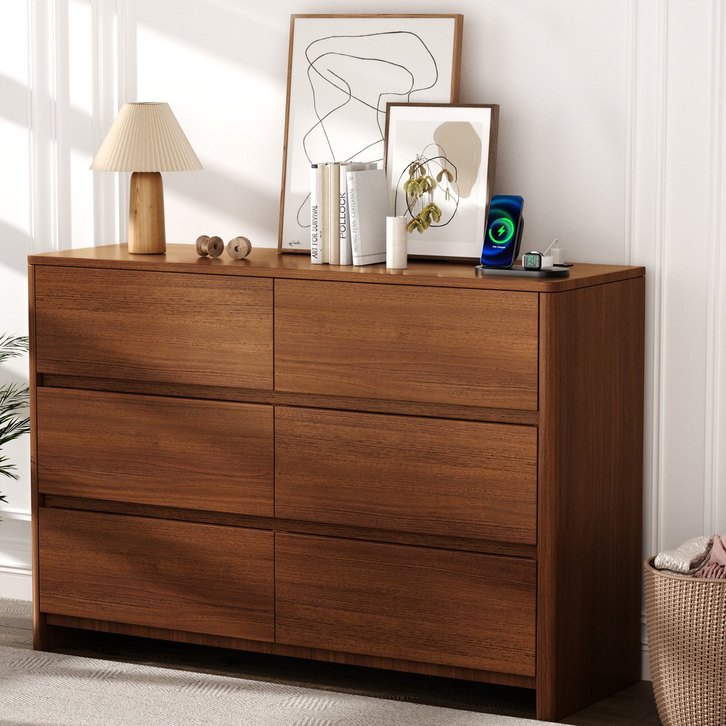 Pikvki 6-Drawer Double Dresser with Charging Station for Bedroom, Modern 47" Wide Chest of Drawers for Living Room