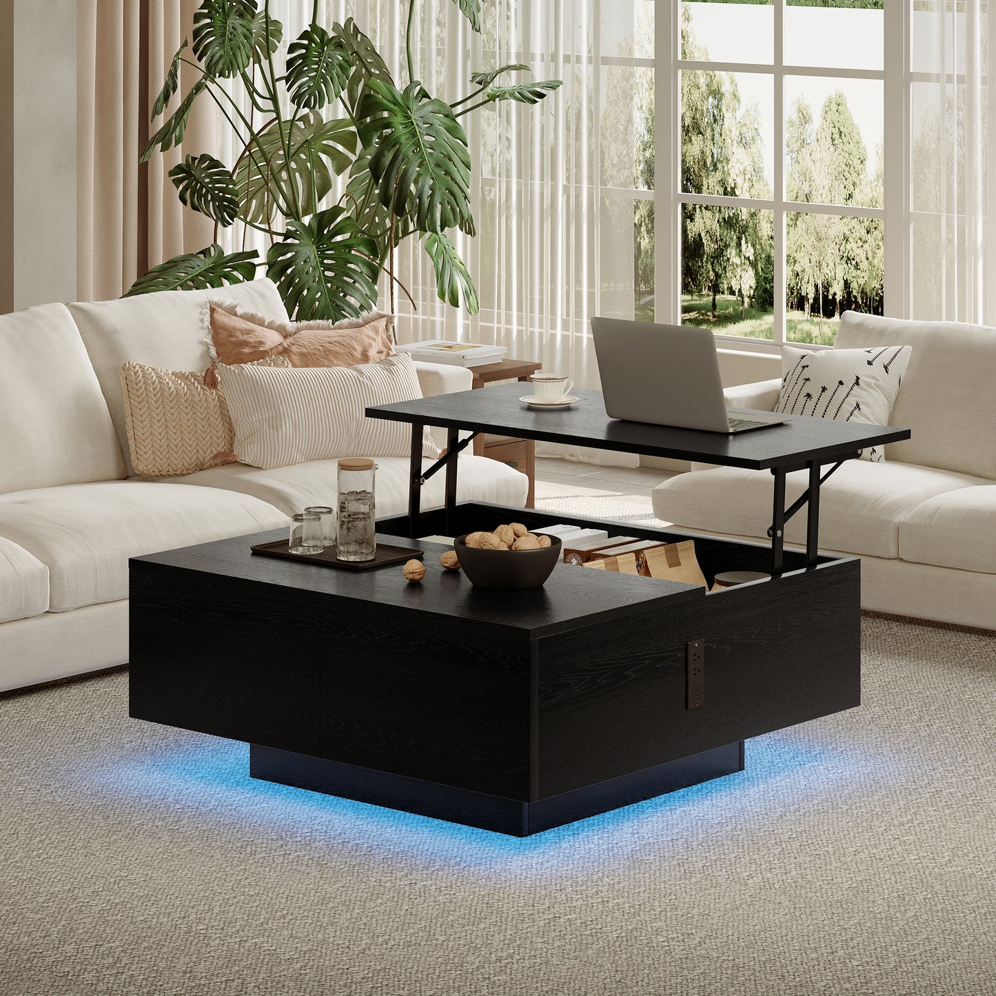 Pikvki Square Lift Top Coffee Table, 31.5" Wooden Coffee Table with 2 Drawers, LED Lights & Charging Station, Mid Century Modern Center Table for Living Room (Black)