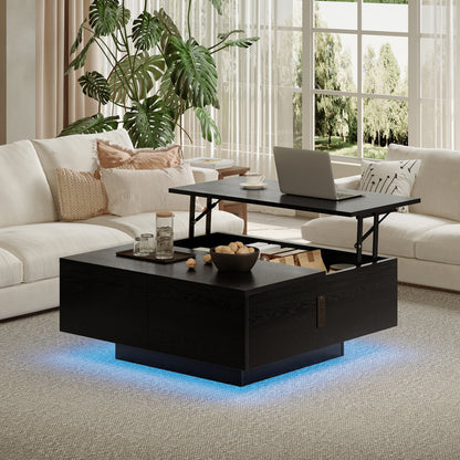 Pikvki Square Lift Top Coffee Table, 31.5" Wooden Coffee Table with 2 Drawers, LED Lights & Charging Station, Mid Century Modern Center Table for Living Room (Black)