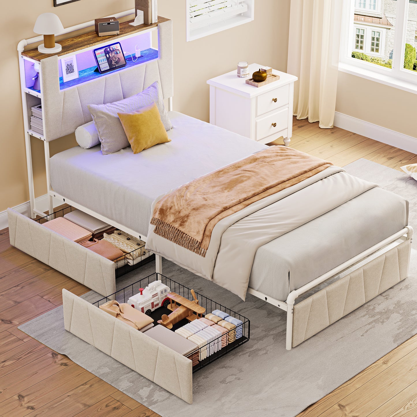 Pikvki Bed Frame with 2 Storage Drawers, Metal Platform Bed Frame with 2-Tier Storage Headboard, Charging Station & LED