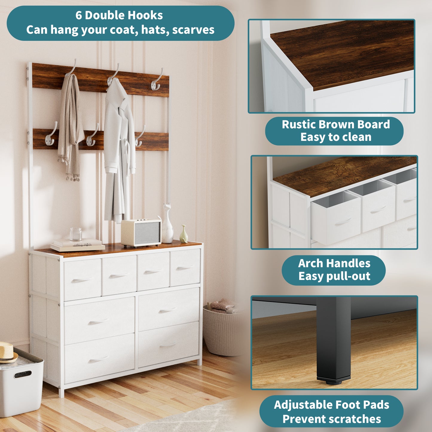 Pikvki 68.9" H Tall Dressers with 8 Drawers Dresser for Bedroom with Charging Station and 6 Hooks Fabric Dressers & Chests of Drawers with Open Shelves