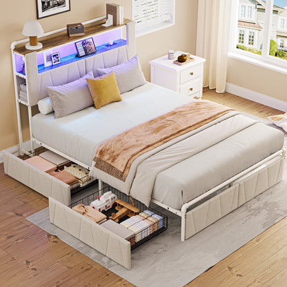 Pikvki Bed Frame with 2 Storage Drawers, Metal Platform Bed Frame with 2-Tier Storage Headboard, Charging Station & LED