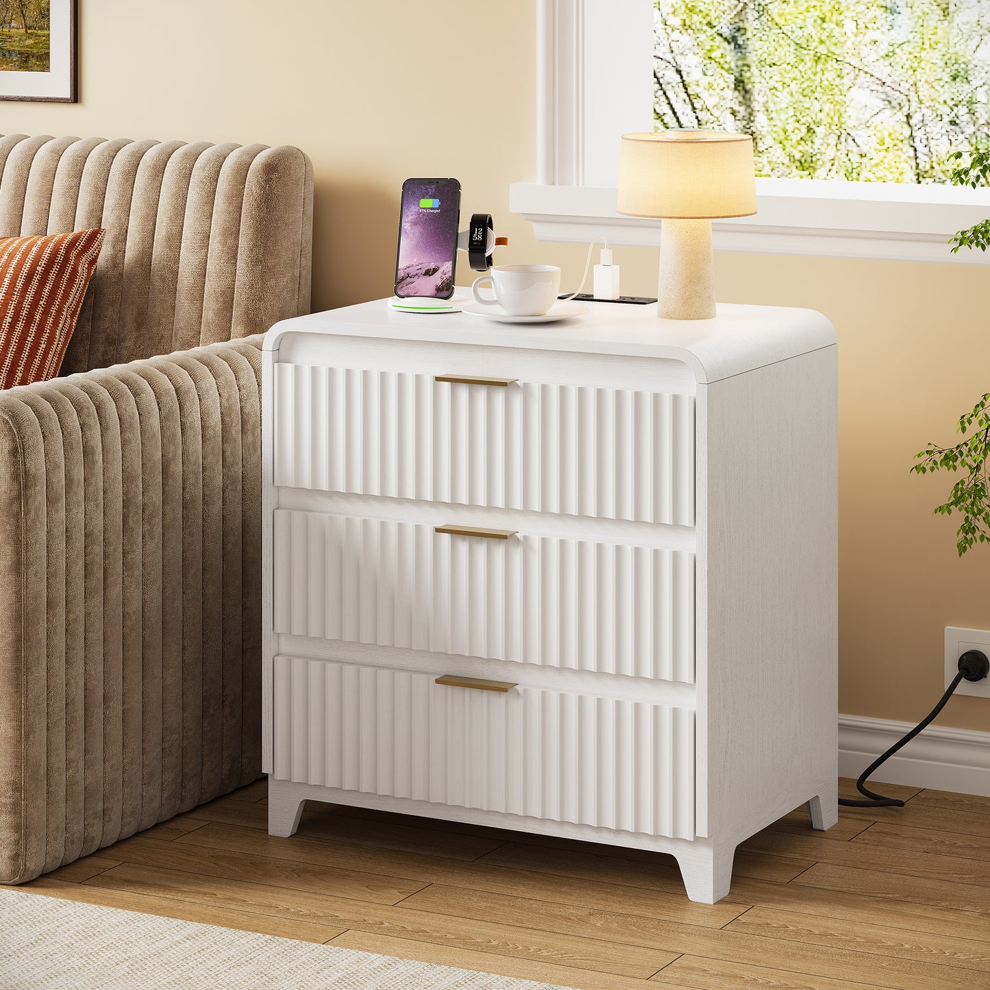 Pikvki Fluted Nightstand with Storage, 3 Drawers Wood Bed Side Table with Charging Station, Modern End Side Table for Bedroom Furniture Living Room Sofa