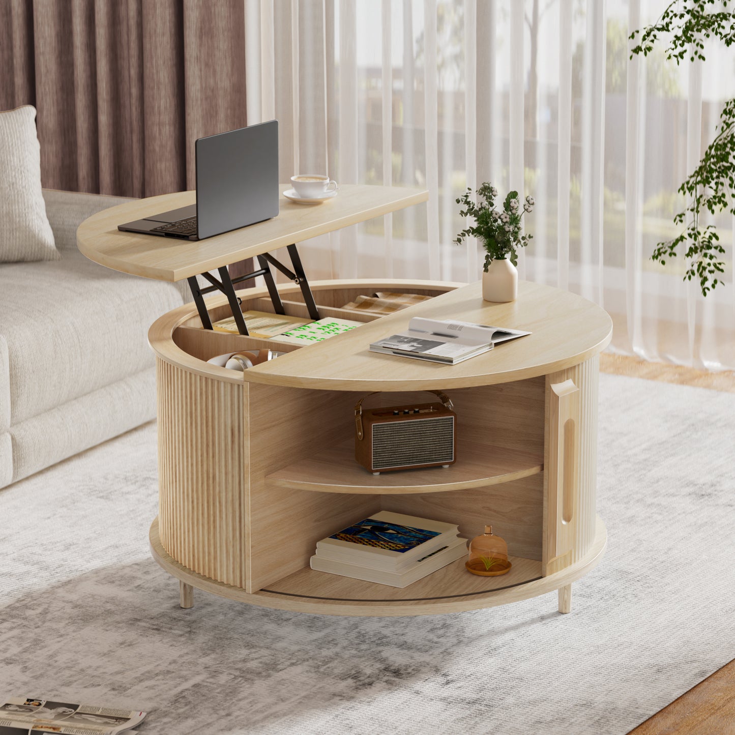 Pikvki Round Coffee Table Lift Top with Storage and Sliding Door, 31.5" Mid Century Fluted Small Center Table for Living Room