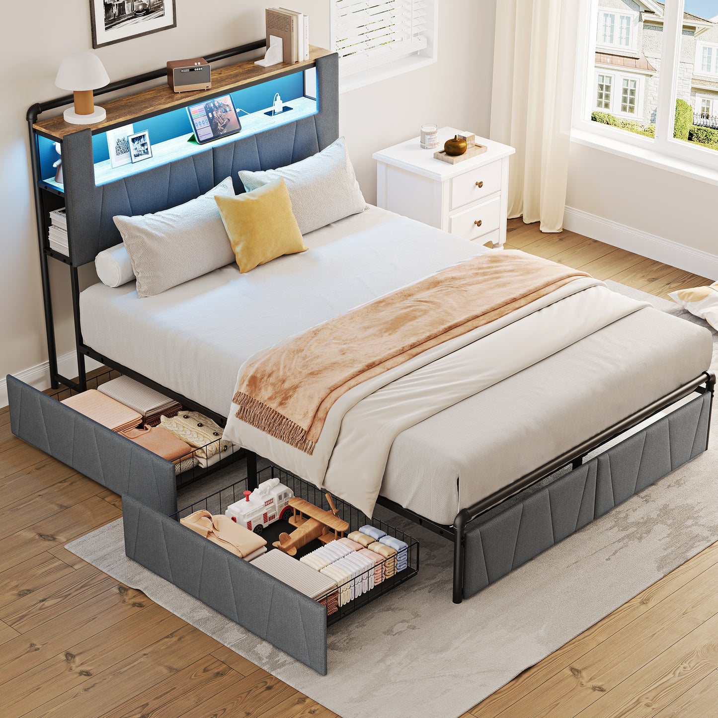Pikvki Bed Frame with 2 Storage Drawers, Metal Platform Bed Frame with 2-Tier Storage Headboard, Charging Station & LED