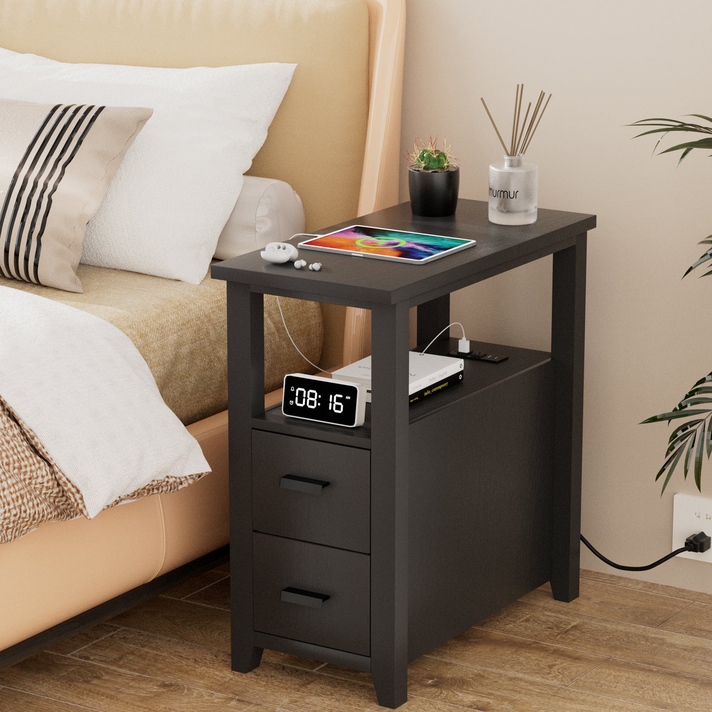 Pikvki End Table with Charging Station, Nightstand with 2 Drawers for Living Room, Bedroom