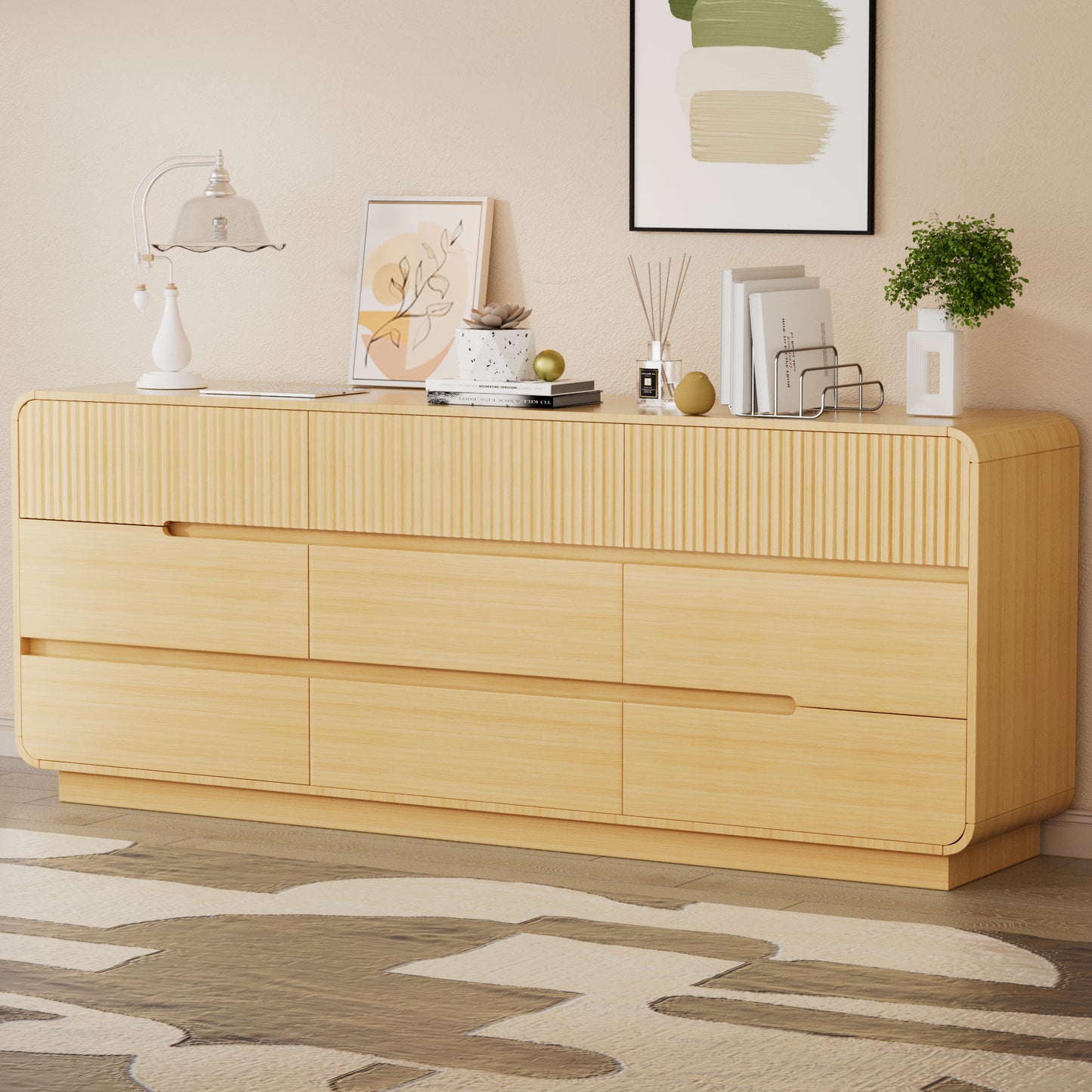 Pikvki 57.9" Wide 9 Drawer Dresser, Modern Fluted Wood Chest of Drawers with Anti-Tipping Device for Bedroom, Living Room