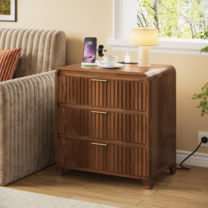 Pikvki Fluted Nightstand with Storage, 3 Drawers Wood Bed Side Table with Charging Station, Modern End Side Table for Bedroom Furniture Living Room Sofa
