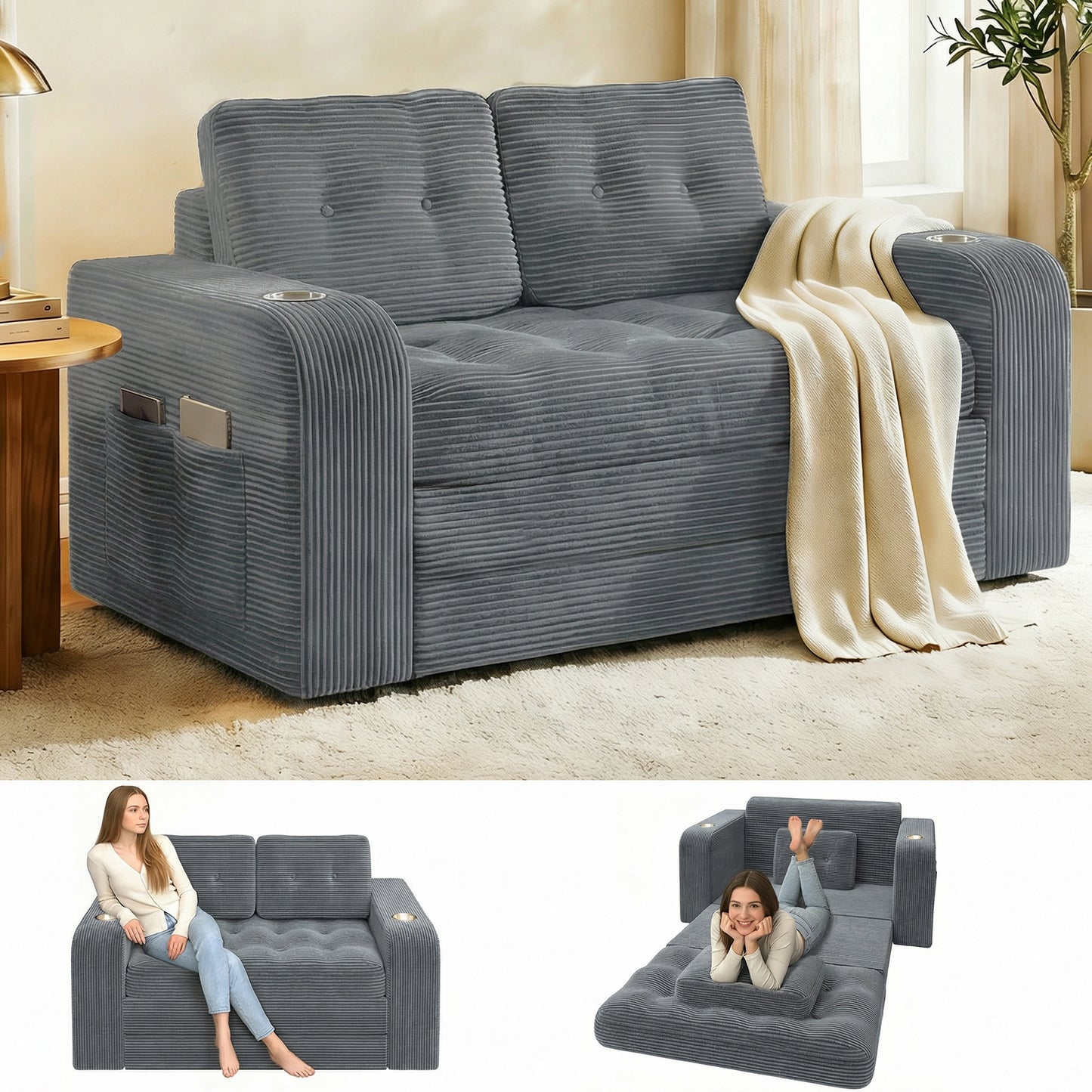 Pikvki 2 in 1 Convertible Sofa Bed with Side Pocket & Cup Holder, Corduroy Pull Out Loveseat Sleeper Sofa with Pillows for Living Room, Bedroom