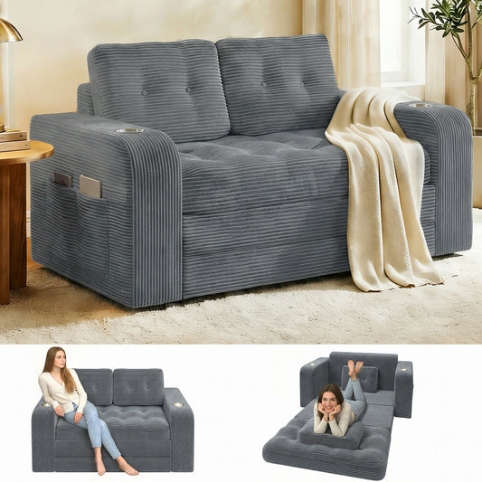 Pikvki 2 in 1 Convertible Sofa Bed with Side Pocket & Cup Holder, Corduroy Pull Out Loveseat Sleeper Sofa with Pillows for Living Room, Bedroom