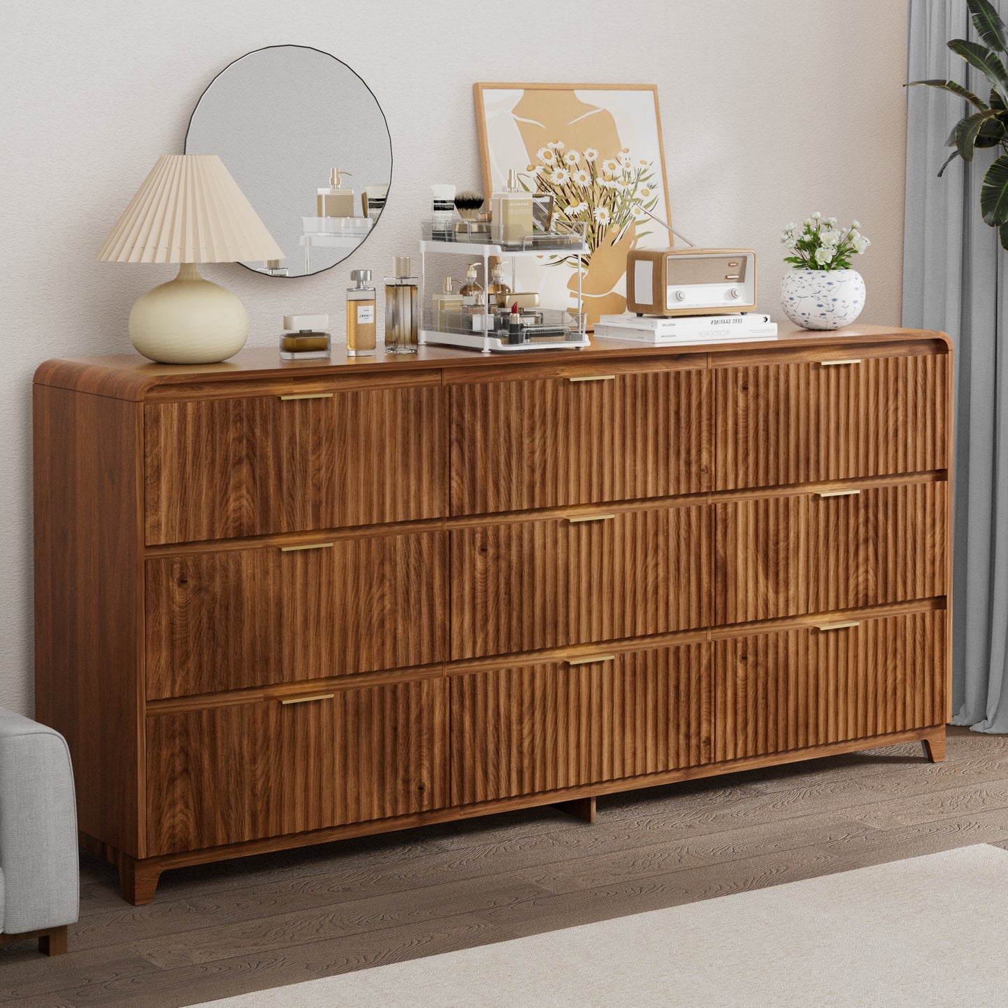 Pikvki Fluted 9 Drawers Dresser for Bedroom, 55.1" Wide Modern Chest of Drawers with Metal Handle, TV Stand for Living Room