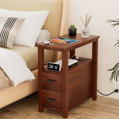 Pikvki End Table with Charging Station, Nightstand with 2 Drawers for Living Room, Bedroom