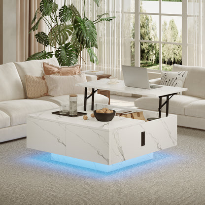 Pikvki Square Lift Top Coffee Table, 31.5" Wooden Coffee Table with 2 Drawers, LED Lights & Charging Station, Mid Century Modern Center Table for Living Room (Black)