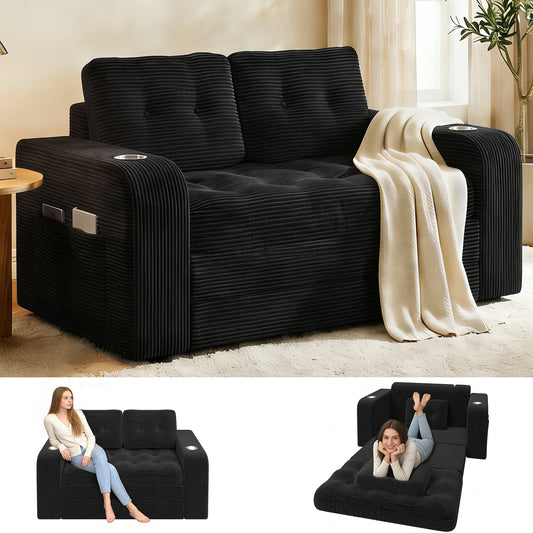 Pikvki 2 in 1 Convertible Sofa Bed with Side Pocket & Cup Holder, Corduroy Pull Out Loveseat Sleeper Sofa with Pillows for Living Room, Bedroom