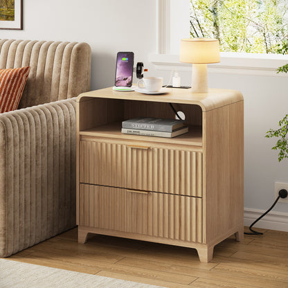 Pikvki Fluted Nightstand with Charging Station, Modern End Table with with Open Shelf and 2 Storage Drawers for Bedroom