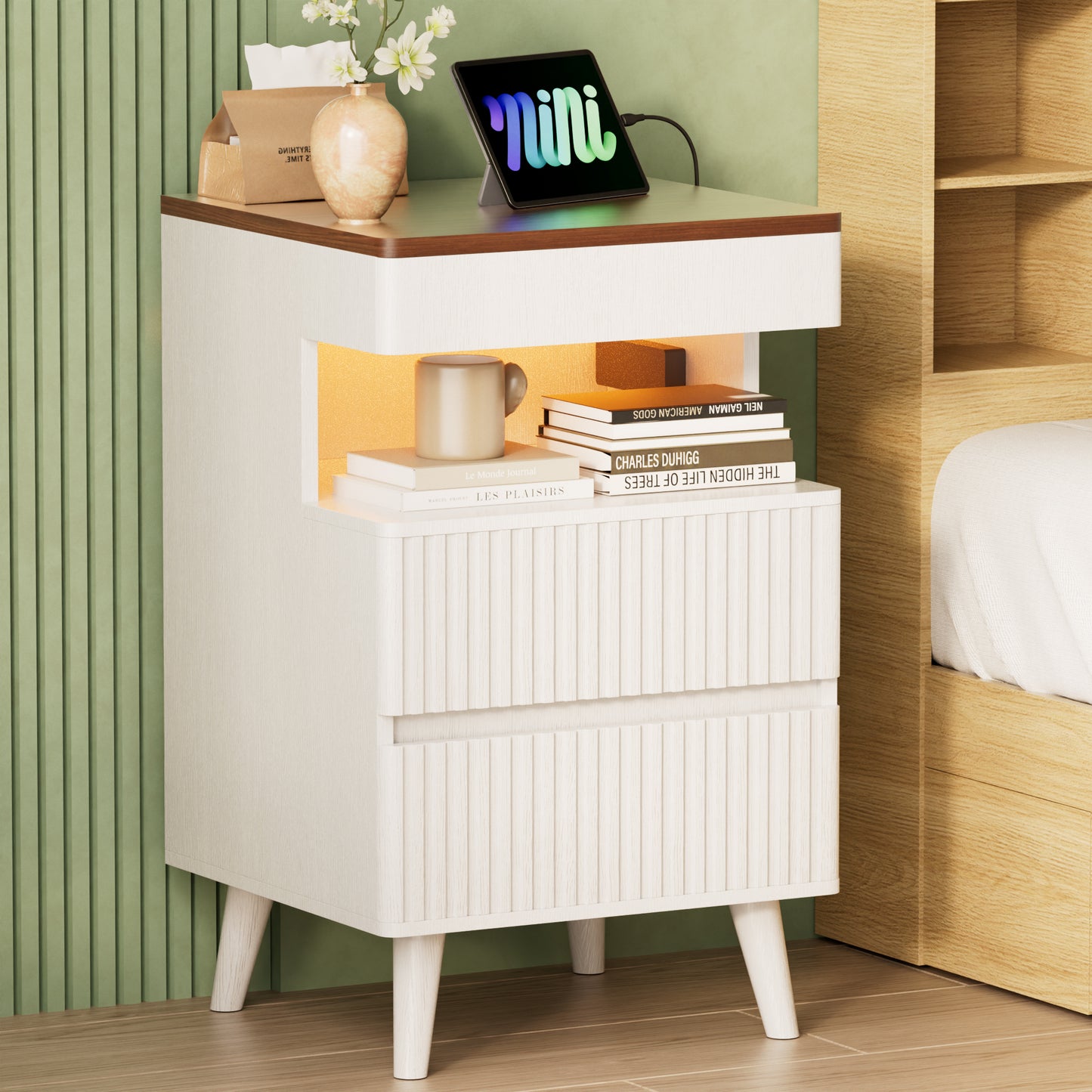 Pikvki Fluted Nightstand with Charging Station & LED Light, Modern End Table with 3 Storage Drawers and Pull-Out Tabletop for Bedroom, Living Room