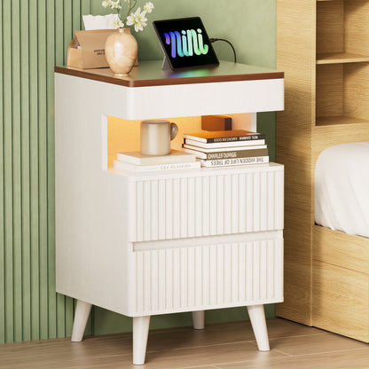 Pikvki Fluted Nightstand with Charging Station & LED Light, Modern End Table with 3 Storage Drawers and Pull-Out Tabletop for Bedroom, Living Room