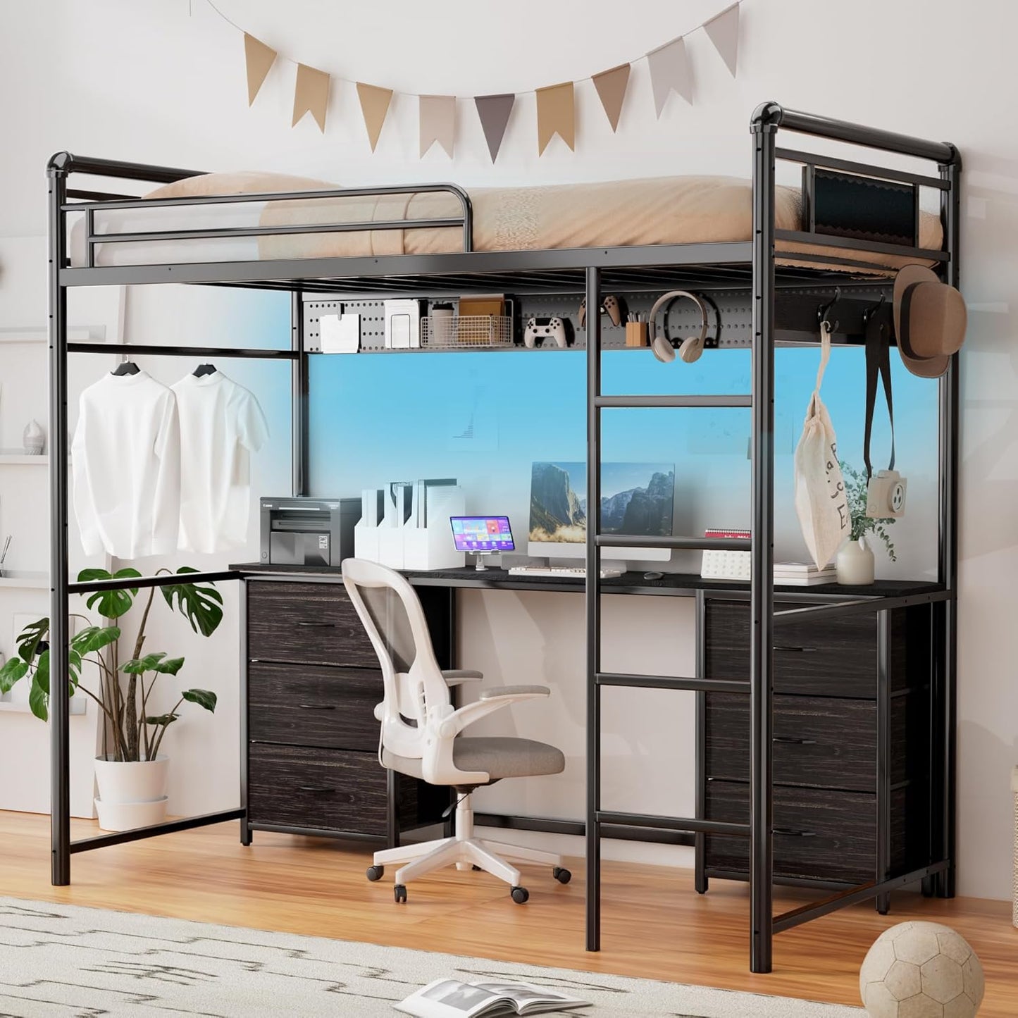 Pikvki Rustic Loft Bed Twin Size with Desk & 6 Fabric Drawers, Industrial Metal Loft Bed with LED & Charging Station for Bedroom