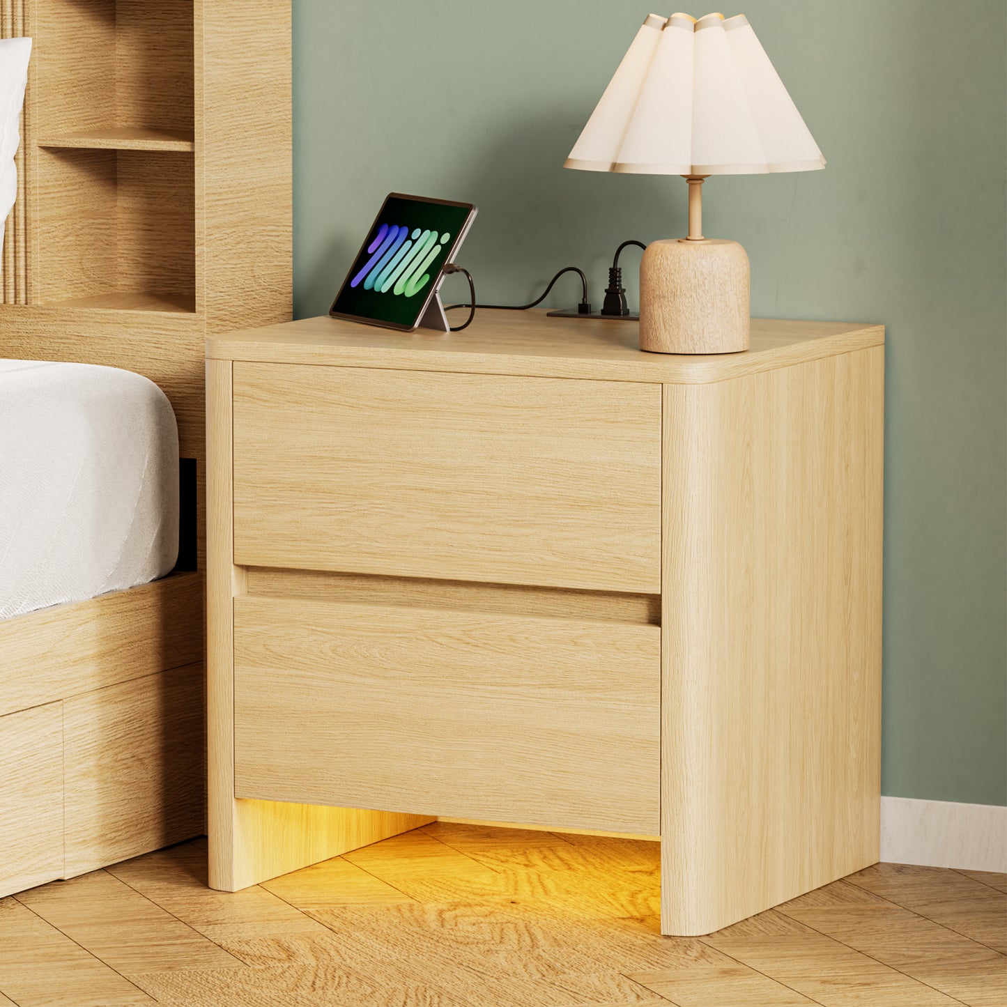 Pikvki Nightstand with Charging Station Set of 2, Modern Bedside Table End Table with LED Lights & 2 Drawer for Bedroom, Living Room
