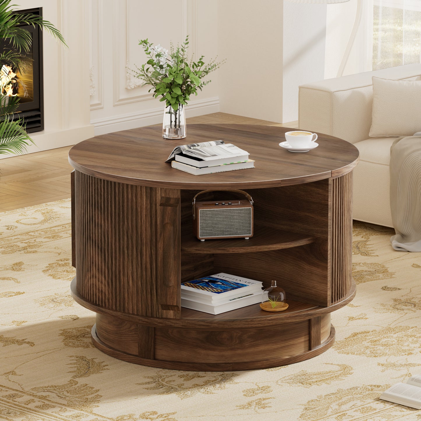 Pikvki Rotatable Round Coffee Table with Storage & Fluted Sliding Doors, 31.5" Modern Wooden Center Table for Living Room