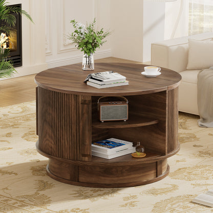 Pikvki Rotatable Round Coffee Table with Storage & Fluted Sliding Doors, 31.5" Modern Wooden Center Table for Living Room