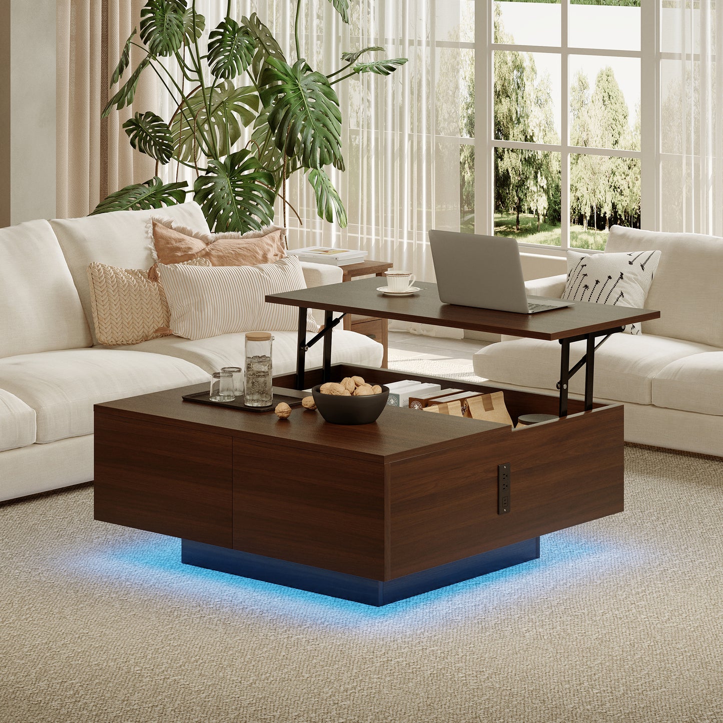 Pikvki Square Lift Top Coffee Table, 31.5" Wooden Coffee Table with 2 Drawers, LED Lights & Charging Station, Mid Century Modern Center Table for Living Room (Black)