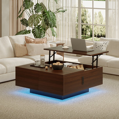 Pikvki Square Lift Top Coffee Table, 31.5" Wooden Coffee Table with 2 Drawers, LED Lights & Charging Station, Mid Century Modern Center Table for Living Room (Black)