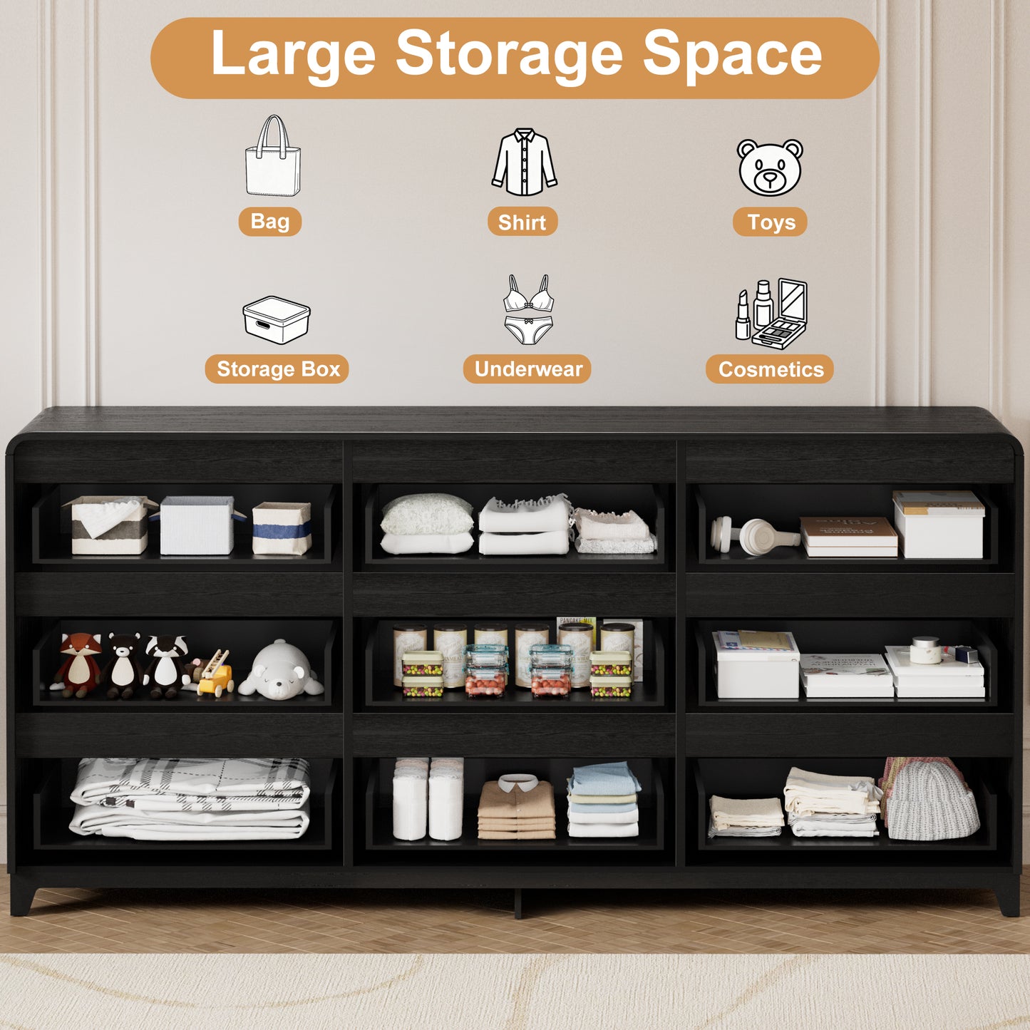 Pikvki Fluted 9 Drawers Dresser for Bedroom, 55.1" Wide Modern Chest of Drawers with Metal Handle, TV Stand for Living Room