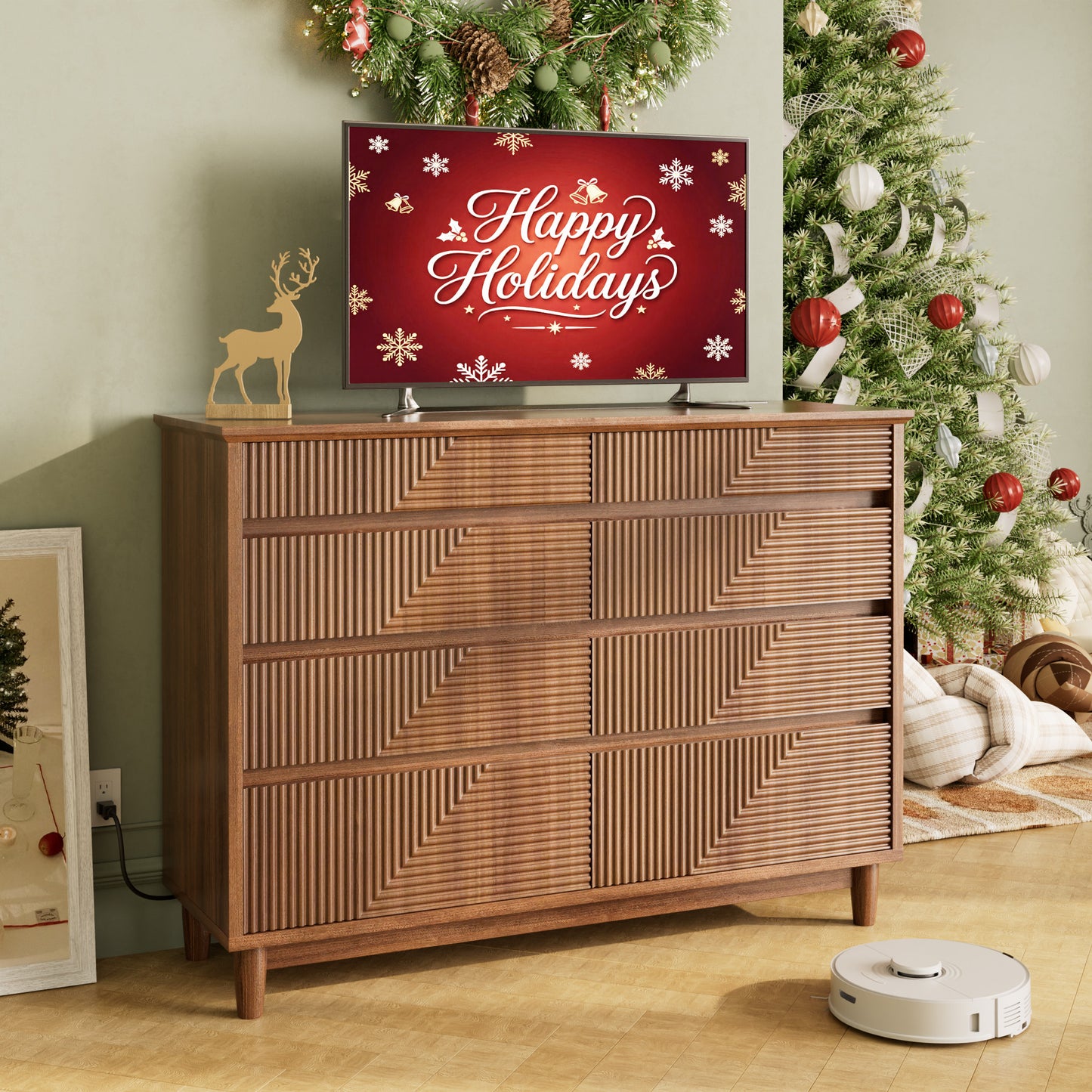 Pikvki Fluted 8 Drawer Dresser with Charging Station for Bedroom, 47.3" Modern Wide Chest of Drawers for Closet, Natural Oak
