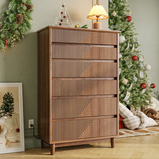 Pikvki Fluted 6 Drawer Dresser with Charging Station for Bedroom, 49" Modern Tall Chest of Drawers for Closet