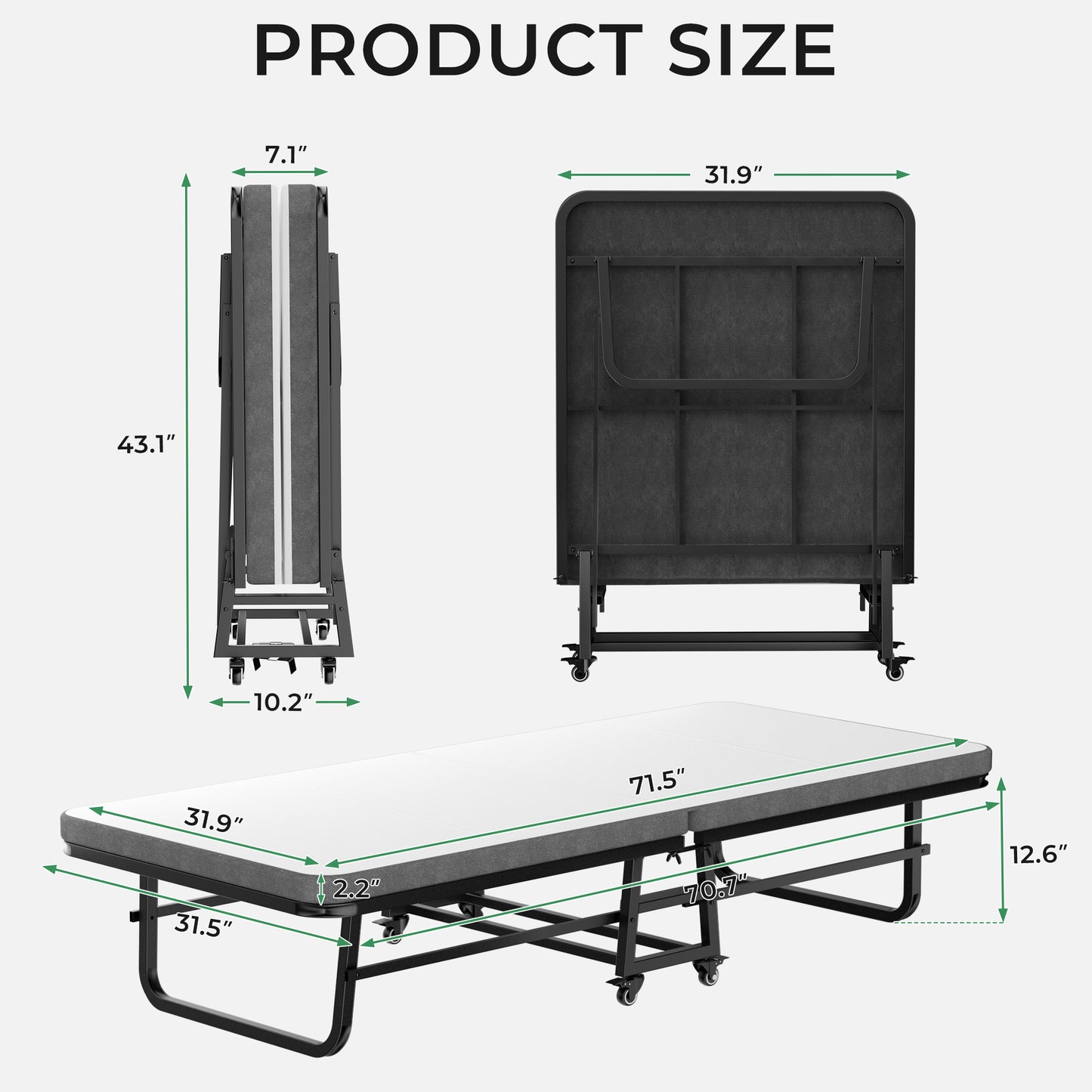Pikvki Folding Bed with Mattress, Twin Foldable Bed, Roll Away Beds for Adults, 71.5 x 32 inch Portable Daybed for Guest Room, Camping