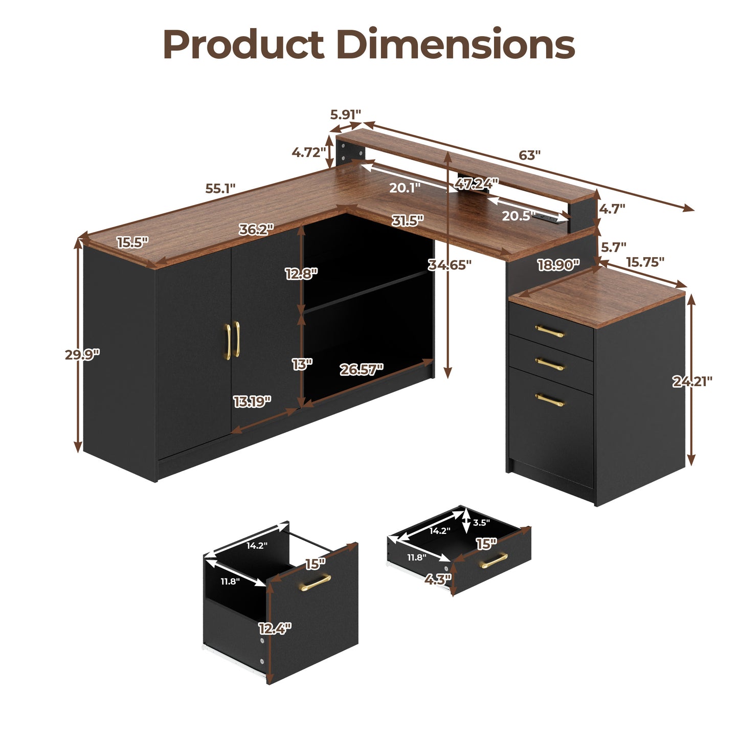 Pikvki L Shaped Computer Desk with Drawers, Office Desk with Power Outlets, Storage Cabinet and Long Monitor Stand for Home Office