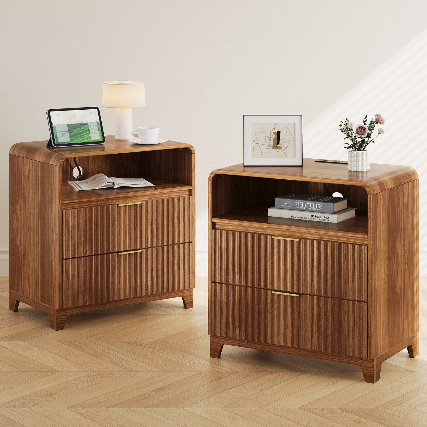 Pikvki Fluted Nightstand with Charging Station, Modern End Table with with Open Shelf and 2 Storage Drawers for Bedroom